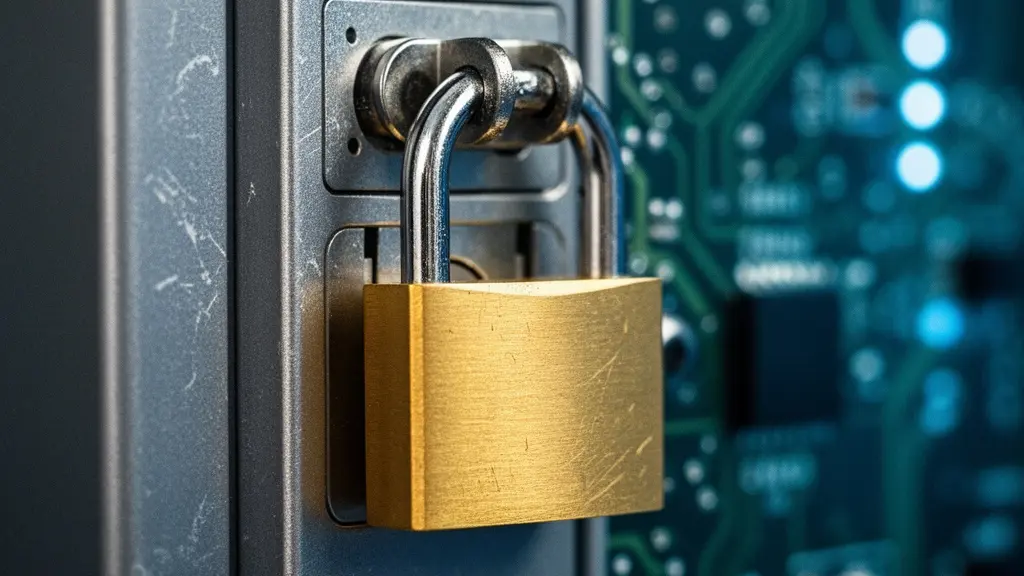 Vue macro d'un cadenas doré sur une surface métallique avec circuit imprimé en arrière-plan flou