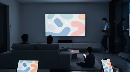 Interface de streaming moderne avec multiples écrans dans un salon familial