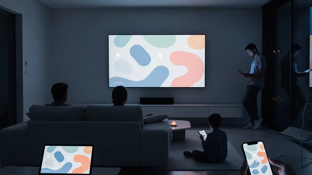 Interface de streaming moderne avec multiples écrans dans un salon familial