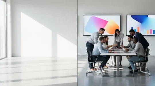 Bureau moderne avec équipe travaillant sur tableaux de bord numériques et processus intégrés