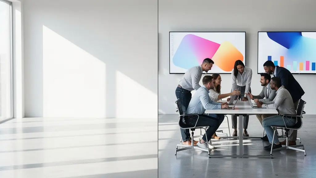 Bureau moderne avec équipe travaillant sur tableaux de bord numériques et processus intégrés