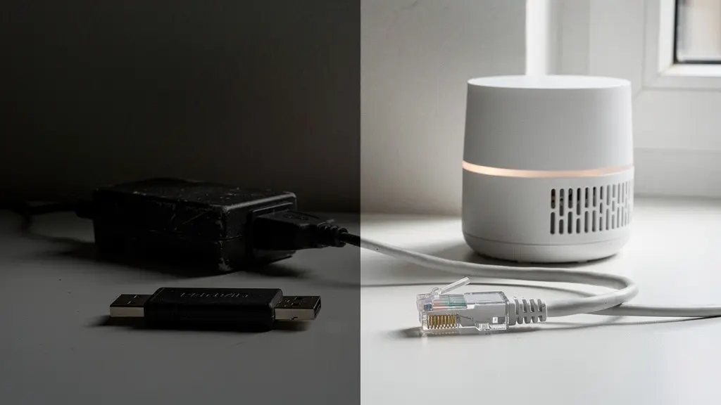 Câble Ethernet débranché posé sur un bureau à côté d'un point d'accès Wi-Fi moderne, symbolisant le fossé entre équipement ancien et technologie récente