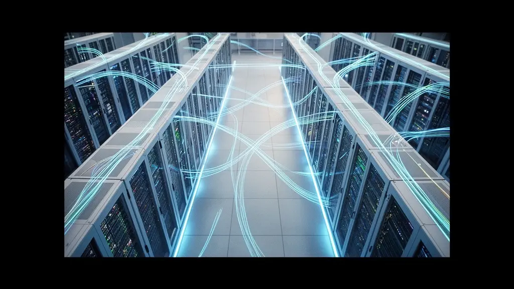 Vue aérienne d'un data center moderne avec chemins lumineux interconnectés symbolisant les flux de données sécurisés