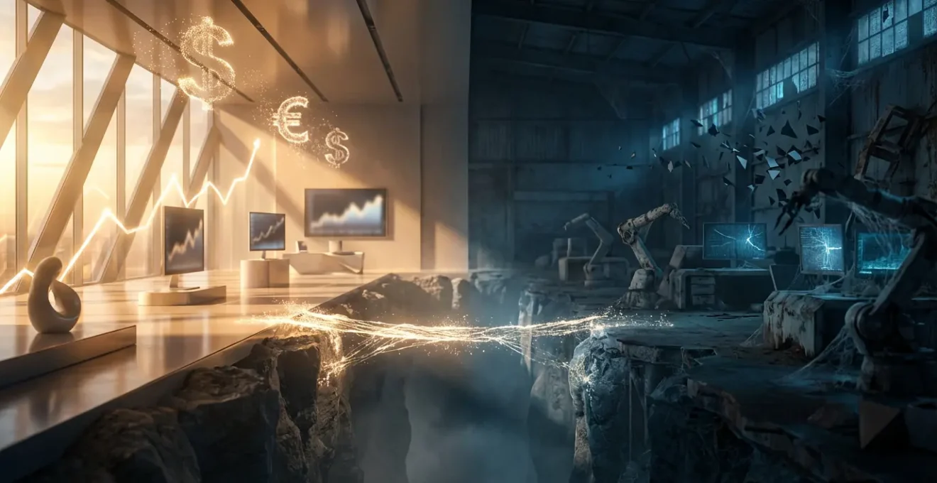 Contraste saisissant entre une zone lumineuse d'investissement et une zone sombre d'échec technologique, illustrant le paradoxe de l'innovation