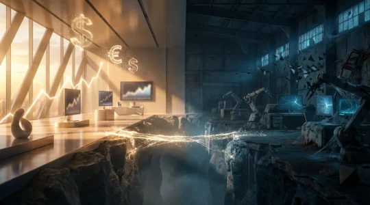 Contraste saisissant entre une zone lumineuse d'investissement et une zone sombre d'échec technologique, illustrant le paradoxe de l'innovation