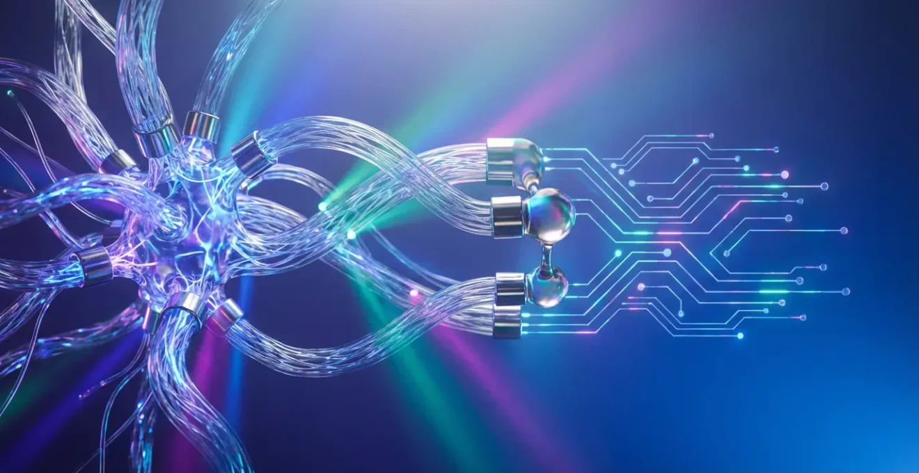 Interface cerveau-ordinateur futuriste avec connexions neuronales lumineuses