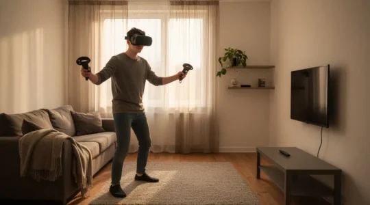 Personne portant un casque de réalité virtuelle dans un petit salon dégagé, bras tendus, avec un téléviseur visible en arrière-plan flou