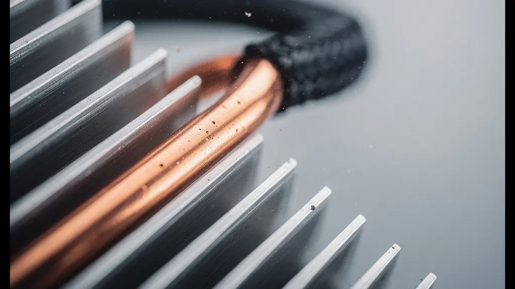 Gros plan macro d'un dissipateur thermique de serveur avec textures metalliques et lumiere contrastée, suggerant la consommation d'energie et la chaleur des infrastructures numeriques, sans aucun marquage lisible.