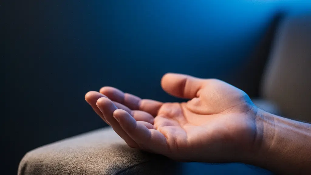 Main humaine détendue baignée dans une douce lumière bleutée, évoquant la simplicité et l'accessibilité du cloud gaming depuis n'importe quel appareil