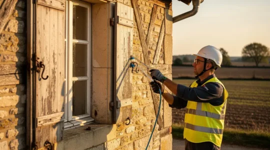 Vue d'un technicien installant la fibre optique dans une maison ancienne avec murs en pierre apparents