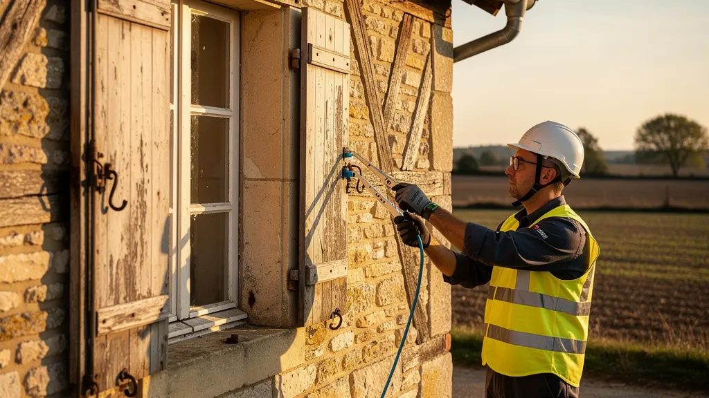 Vue d'un technicien installant la fibre optique dans une maison ancienne avec murs en pierre apparents