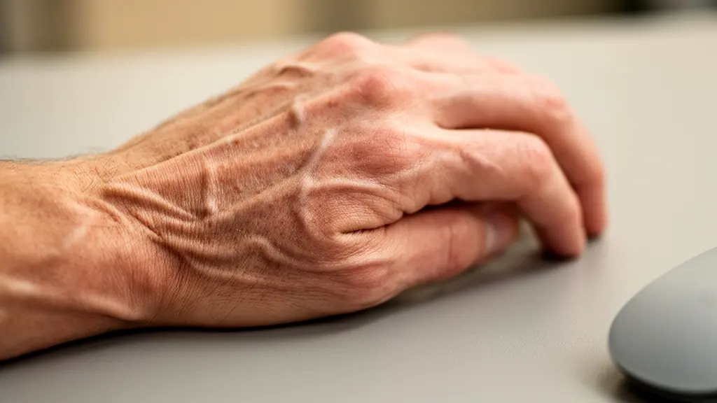 Macro d’une main fatiguée reposant sur un bureau, tendons du poignet visibles, lumière du matin, aucun texte ni écran.