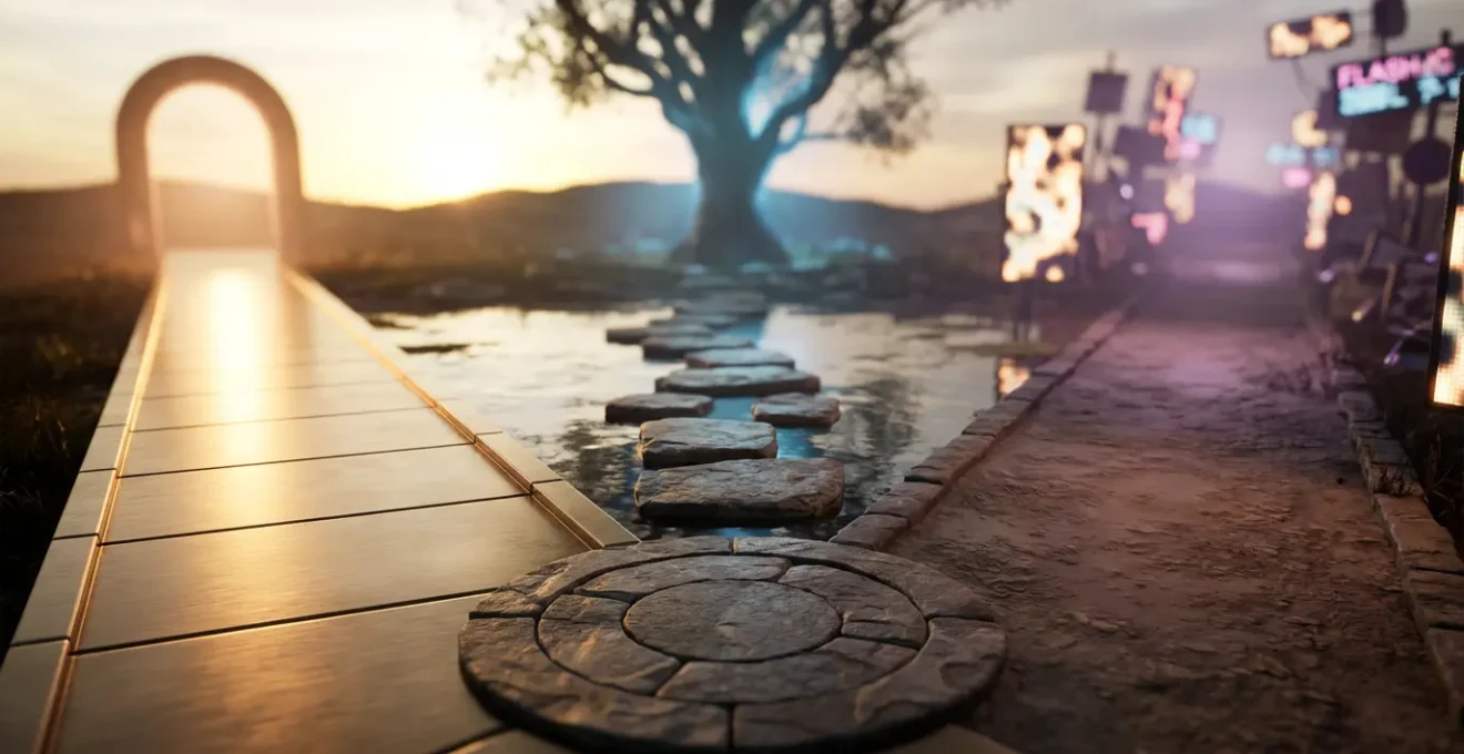 Trois chemins divergents symbolisant les choix de monétisation d'application mobile