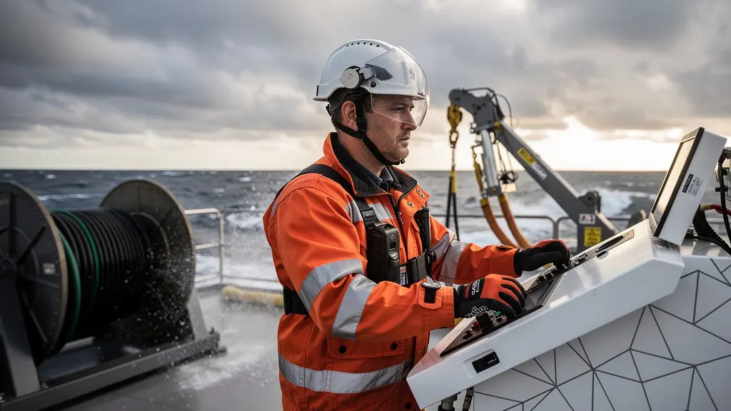 Navire câblier en opération de réparation en pleine mer avec équipement de levage