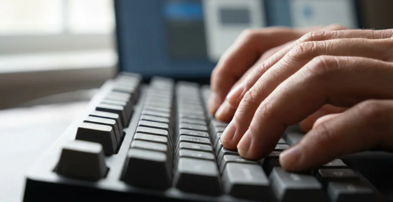 Mains sur un clavier guidant un processus d'onboarding, vue macro détaillée