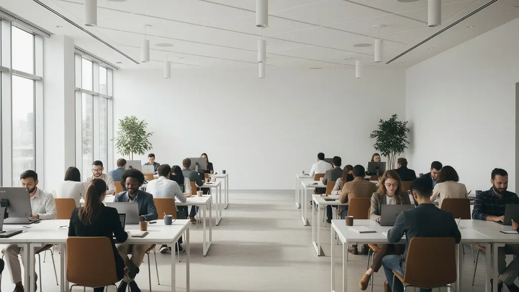 Open-space moderne baigné de lumière naturelle avec de nombreux postes de travail et des ondes symboliques émanant du plafond, illustrant un environnement dense connecté en Wi-Fi 6