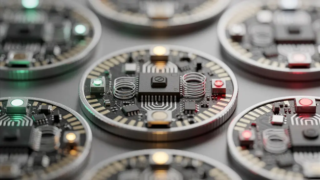 Vue macro de capteurs IoT miniatures avec indicateurs visuels d'autonomie énergétique