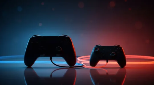 Vue symbolique de deux consoles de jeu reliées par des câbles lumineux, représentant le défi technique du portage multiplateforme entre machines de puissances différentes.
