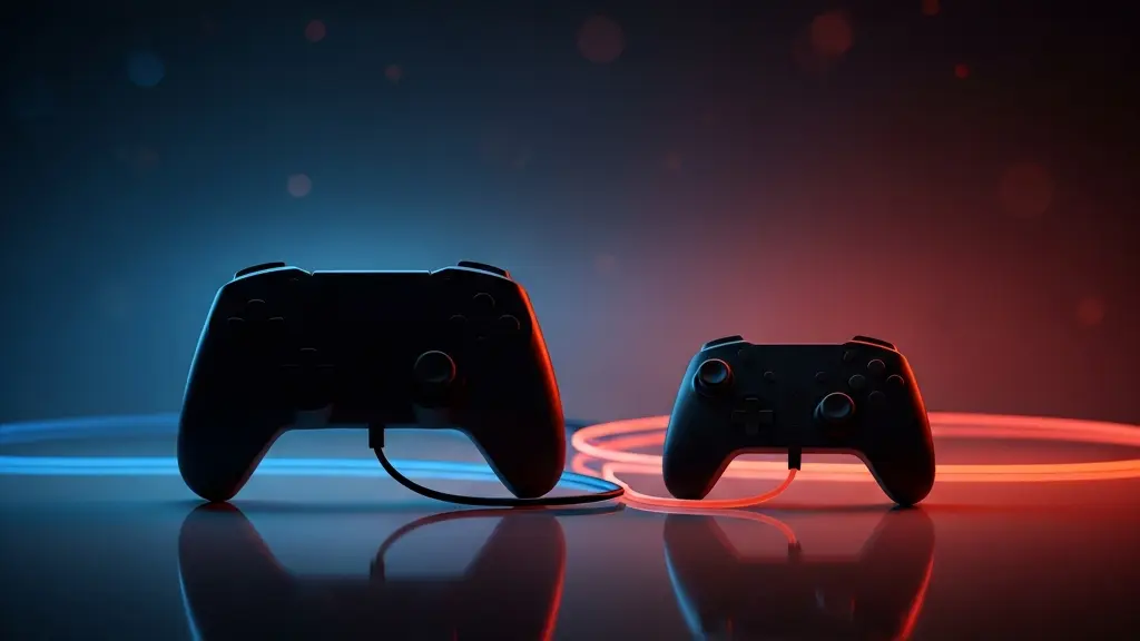 Vue symbolique de deux consoles de jeu reliées par des câbles lumineux, représentant le défi technique du portage multiplateforme entre machines de puissances différentes.