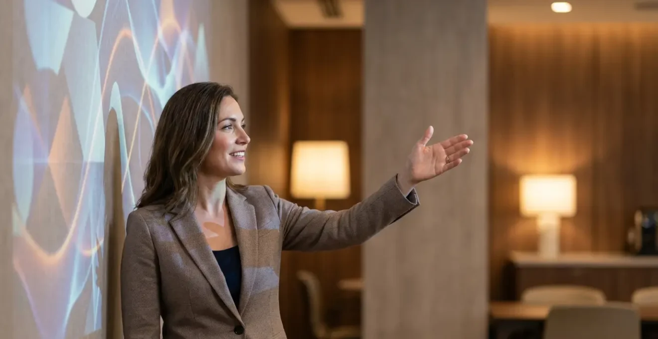 Personne présentant des visualisations de données abstraites sur les tendances technologiques lors d'une réunion stratégique