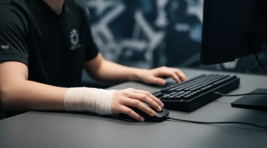 Jeune joueur e-sport assis à un bureau, poignet bandé, posture contrôlée, avec un espace vide dans le cadre pour un titre éditorial.