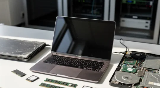 Bureau moderne avec ordinateurs portables professionnels alignés et composants informatiques visibles, éclairage naturel mettant en valeur la maintenance et l'optimisation du matériel