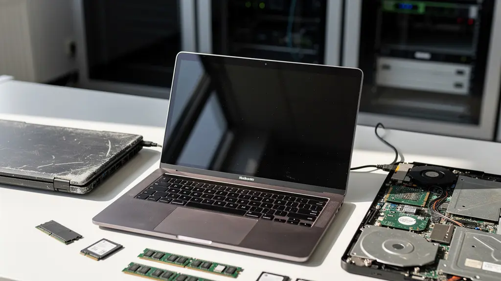 Bureau moderne avec ordinateurs portables professionnels alignés et composants informatiques visibles, éclairage naturel mettant en valeur la maintenance et l'optimisation du matériel