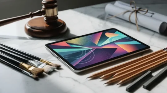 Concept abstrait de propriété intellectuelle et création numérique avec éléments juridiques et artistiques