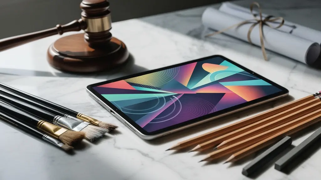 Concept abstrait de propriété intellectuelle et création numérique avec éléments juridiques et artistiques
