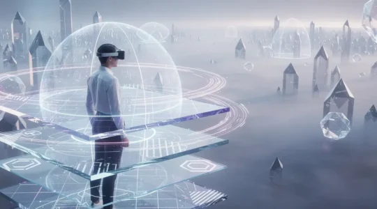 Vue immersive d'un environnement métavers montrant les mécanismes de protection de l'identité numérique et des actifs décentralisés