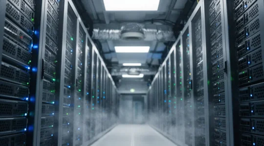 Vue d'ensemble d'un rack de serveurs lames dans un datacenter moderne avec des indicateurs visuels de flux d'air froid et chaud