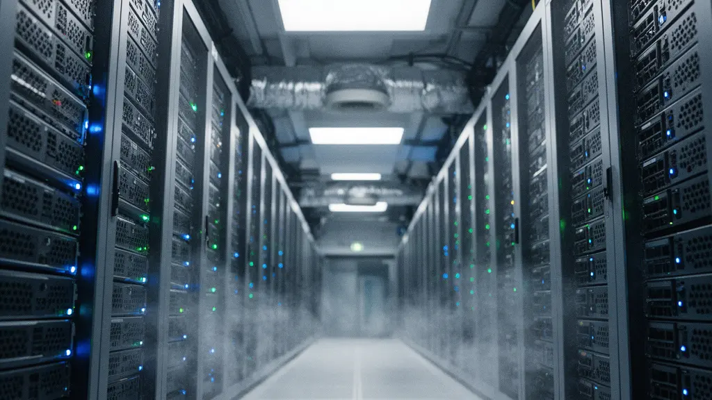 Vue d'ensemble d'un rack de serveurs lames dans un datacenter moderne avec des indicateurs visuels de flux d'air froid et chaud