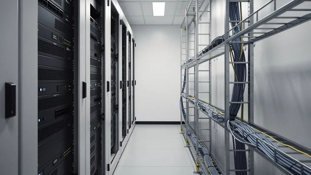 Vue large d'une salle d'interconnexion de data center avec des baies et des faisceaux de cables anonymes, evoquant un environnement de peering et de connectivite neutre, sans element lisible.