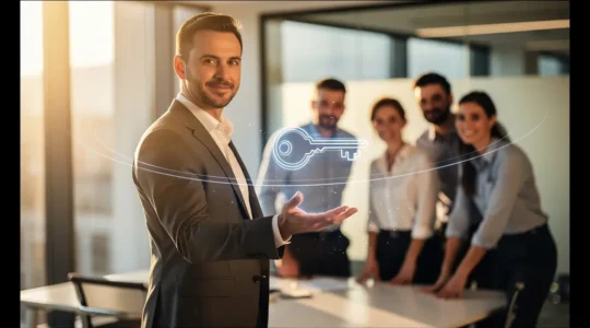 Professionnel en costume tenant une clé digitale lumineuse dans une main ouverte, entouré de collègues flous en arrière-plan