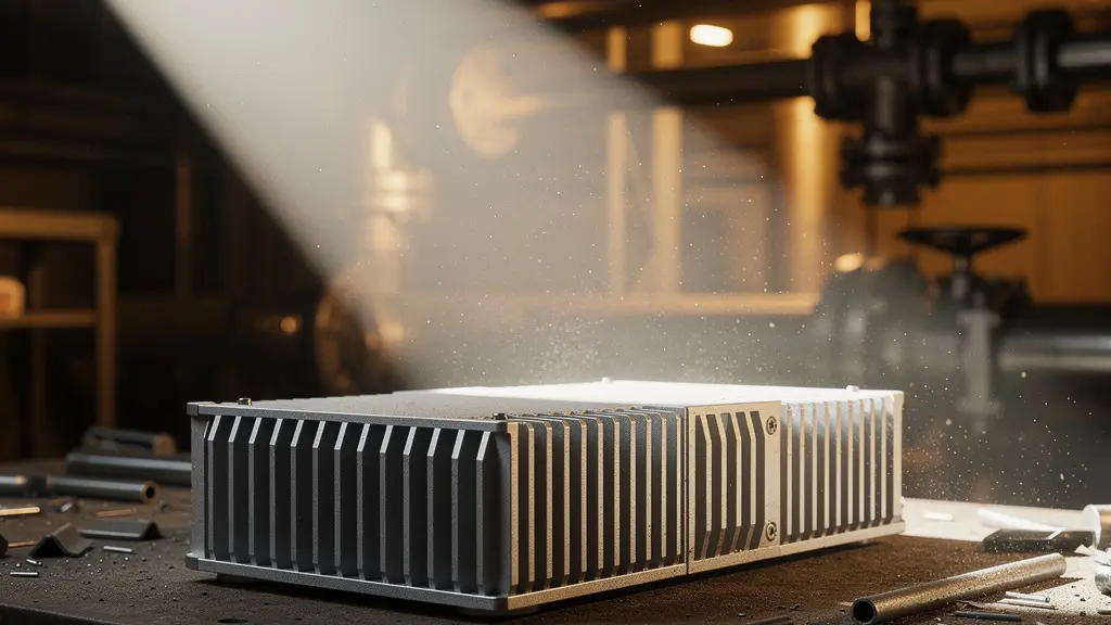 Serveur Edge compact sans ventilateur avec dissipateur thermique à ailettes, posé sur une surface métallique dans un environnement industriel poussiéreux.