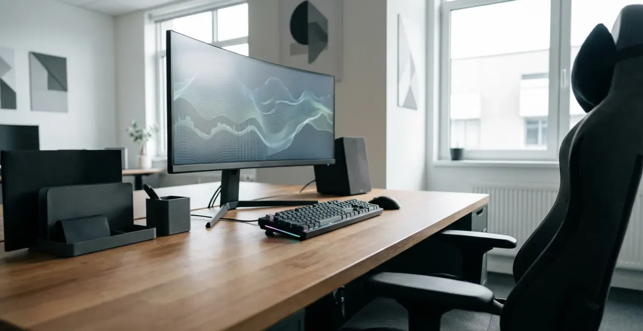 Bureau moderne avec configuration double écran, clavier mécanique rétroéclairé et accessoires gaming dans un environnement de travail professionnel