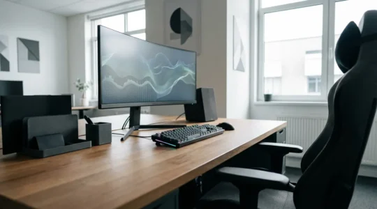 Bureau moderne avec configuration double écran, clavier mécanique rétroéclairé et accessoires gaming dans un environnement de travail professionnel