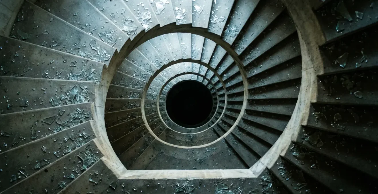 Graphique abstrait en spirale descendante avec fragments de verre brisé symbolisant la chute de valorisation