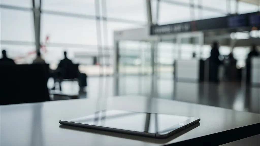 Tablette posée sur table de voyage avec vue floue d'aéroport en arrière-plan