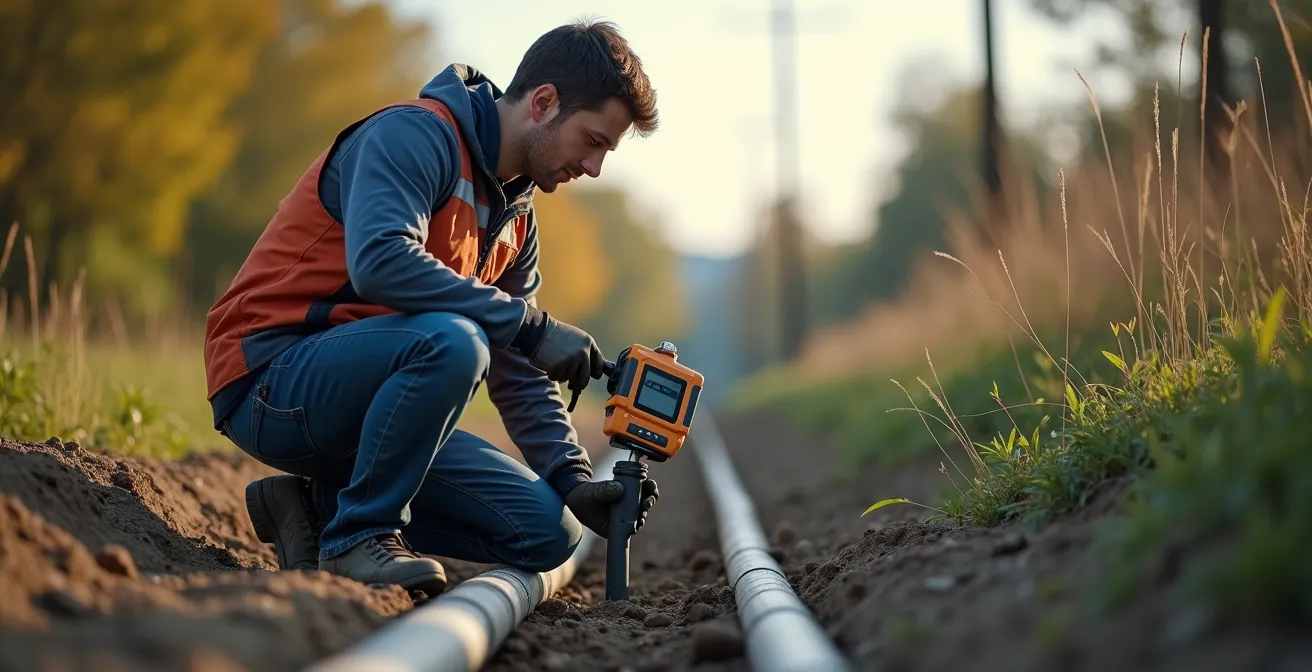 Technicien inspectant une gaine télécom avec caméra endoscopique