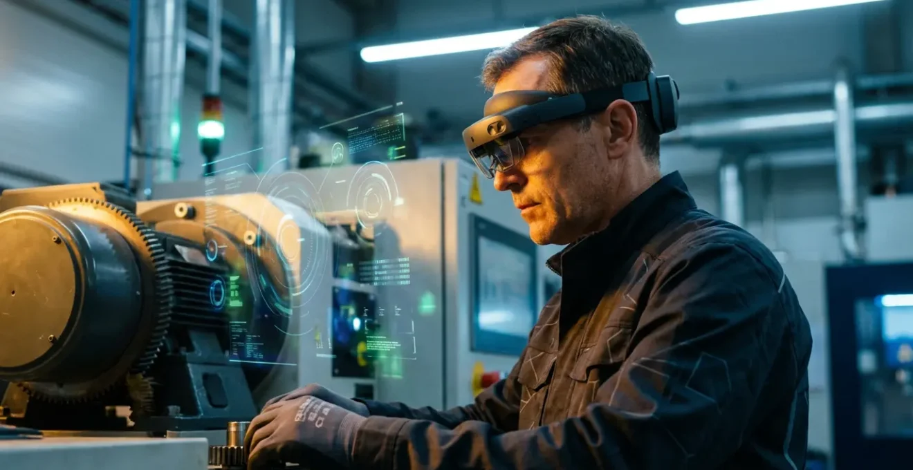 Un technicien de maintenance industrielle utilisant des lunettes de réalité mixte pour inspecter un équipement industriel