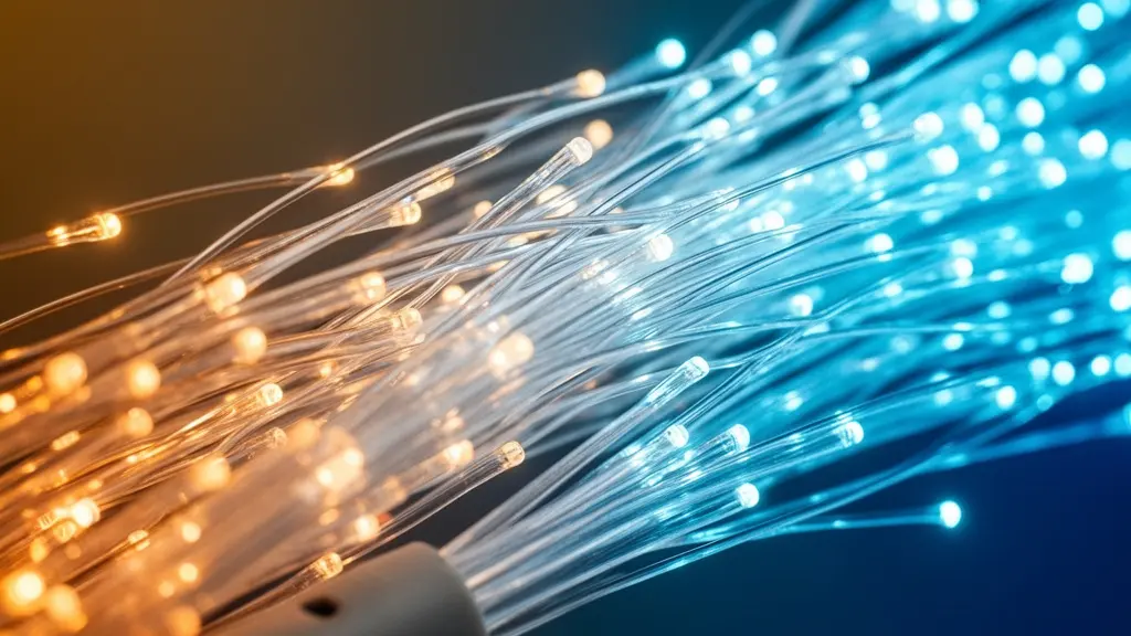 Vue macro détaillée d'un câble réseau moderne avec fibres optiques brillantes représentant la transition vers IPv6