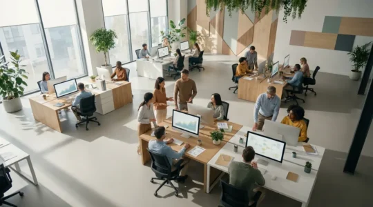 Vue aérienne d'un bureau moderne avec des équipes collaborant autour de graphiques montrant l'évolution de la valeur client