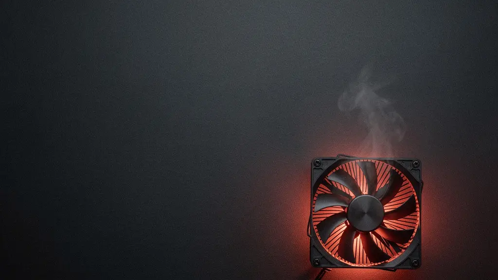 Vue environnementale minimaliste d'un ventilateur de carte graphique solitaire baigné dans une lumière rouge dramatique, symbolisant les limites thermiques du matériel milieu de gamme