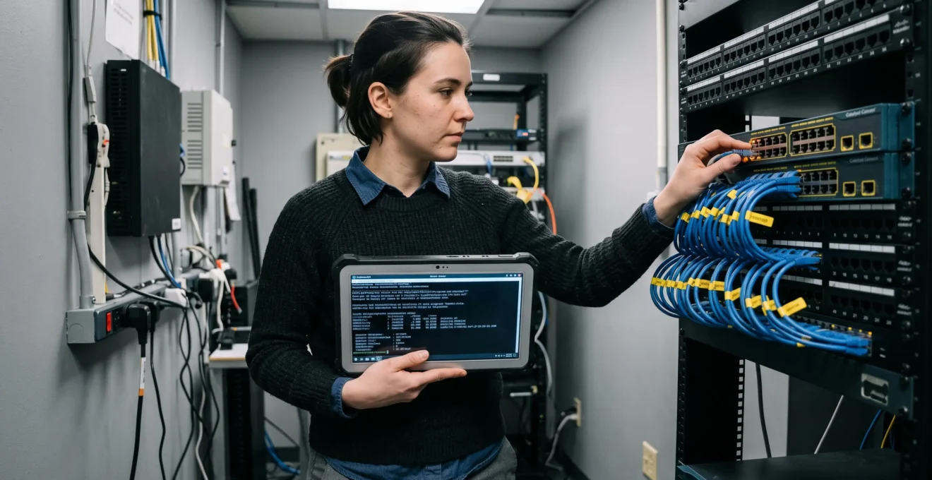 Ingénieure réseau analysant un équipement switch avec outil de diagnostic dans une salle technique