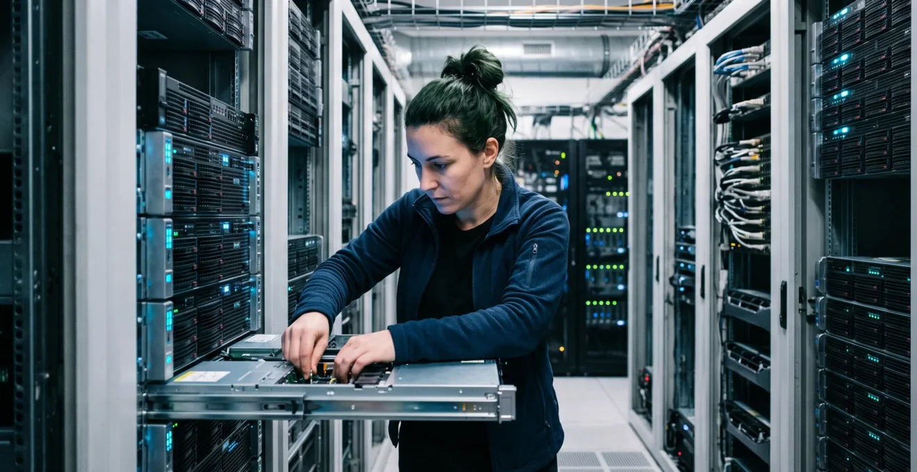 Technicien cybersécurité inspectant des serveurs en rack dans un datacenter professionnel français