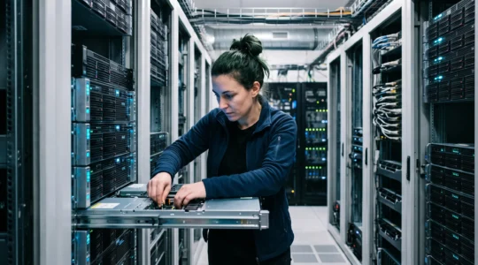 Technicien cybersécurité inspectant des serveurs en rack dans un datacenter professionnel français