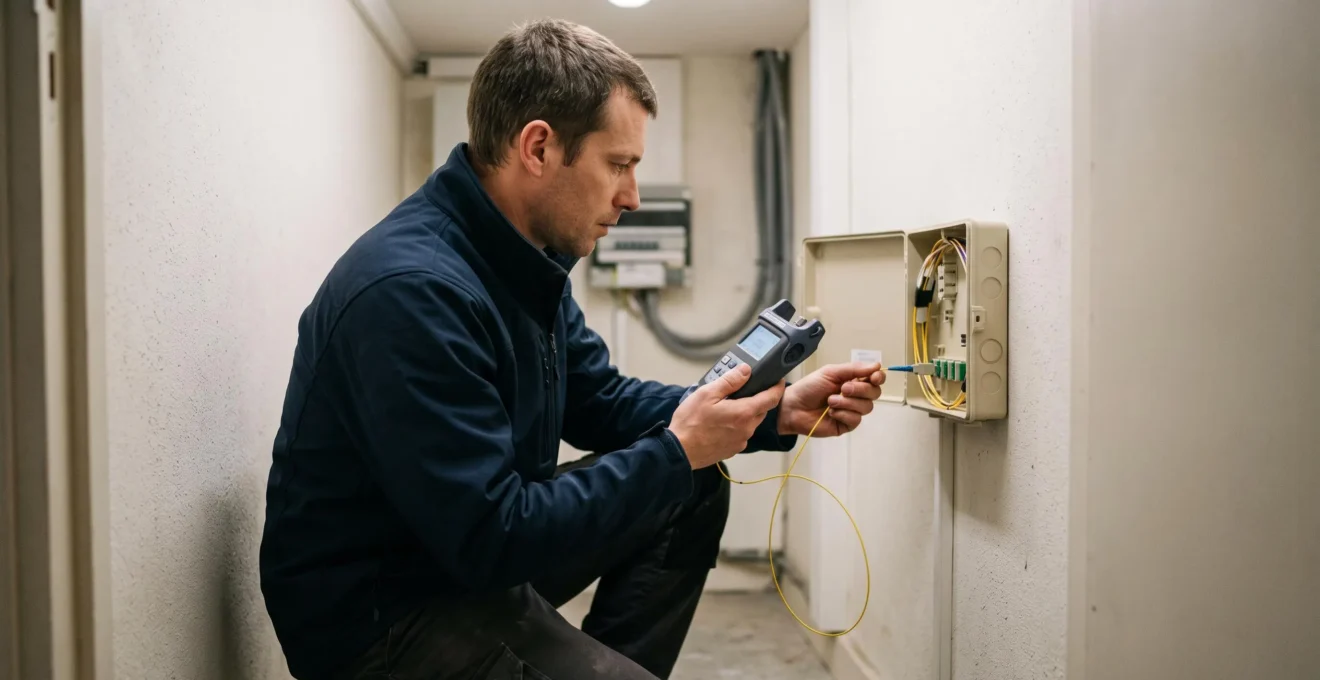 Un ingénieur télécom mesure la puissance optique d'une ligne fibre dans un local technique de bâtiment.