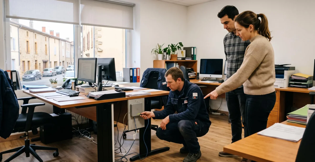 Un installateur télécom branche un câble ethernet sur une box internet dans un bureau d'une petite entreprise.