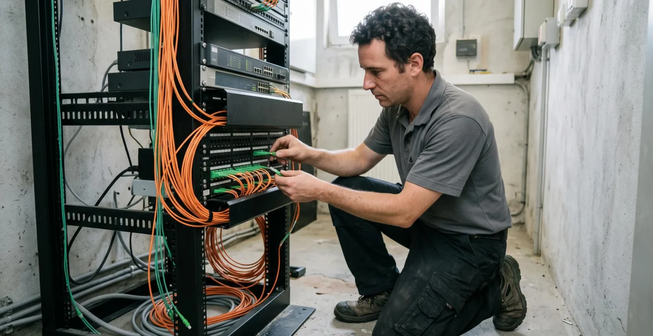 Un technicien connecte un câble à fibres optiques sur un panneau de brassage dans une salle technique.